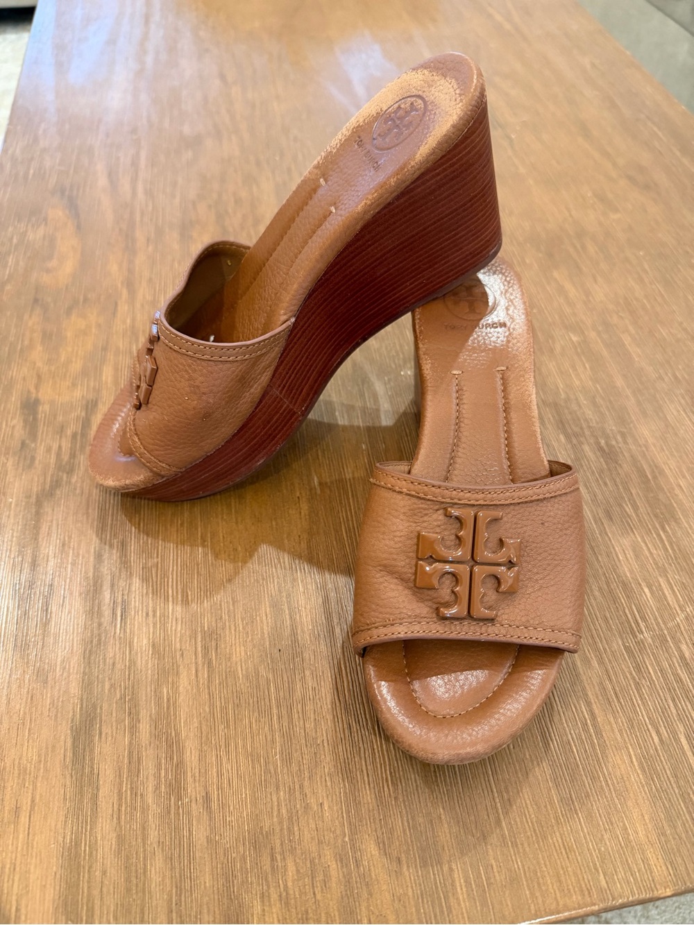 Tory Burch Tan Leather Logo Wedge Slides